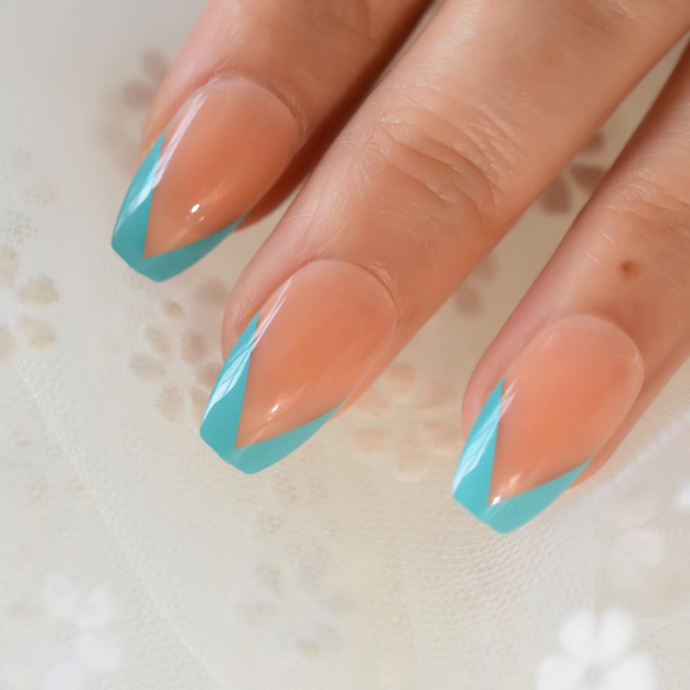 Blue Border Nude French Nail Tips