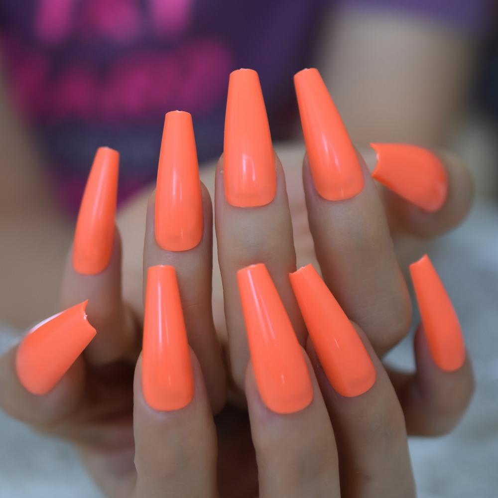 Fluorescent Orange Salon Fake Nail Long Abs Tapered Gel Nails Solid Color Manicure Tool For Finger