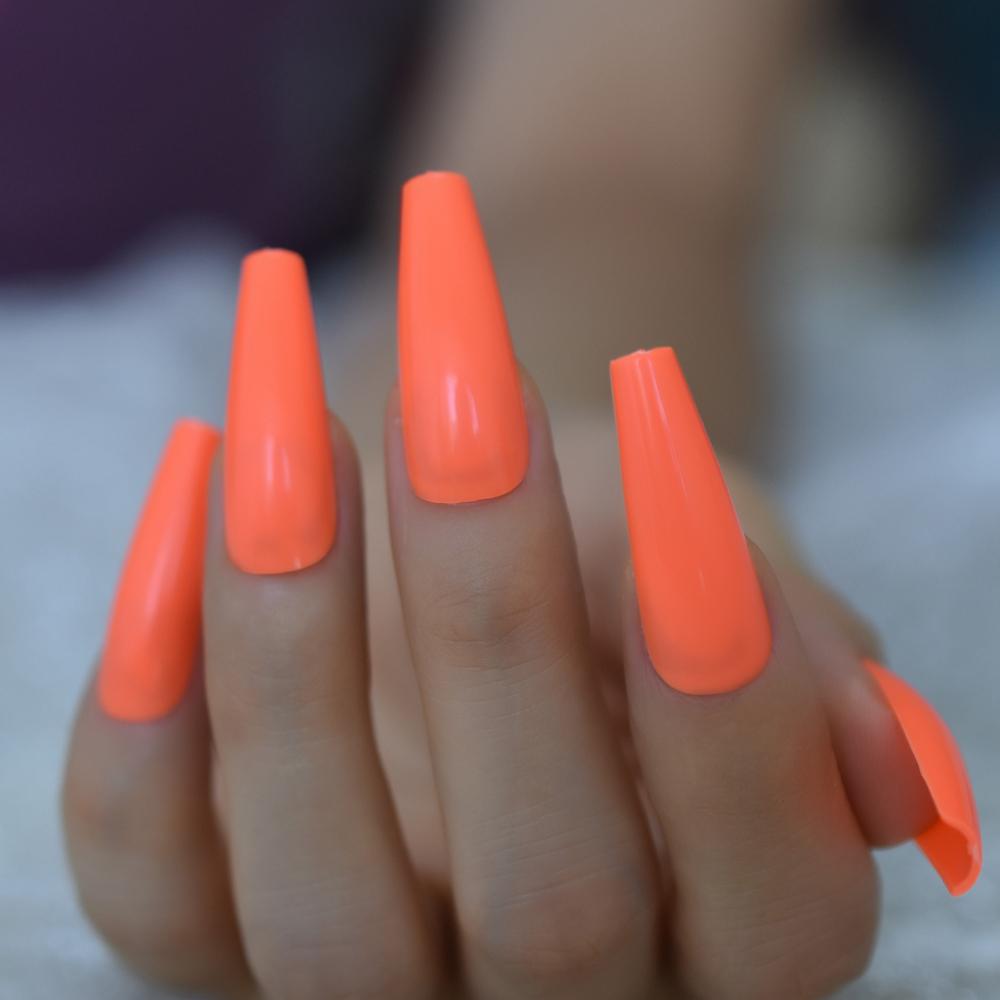 Fluorescent Orange Salon Fake Nail Long Abs Tapered Gel Nails Solid Color Manicure Tool For Finger
