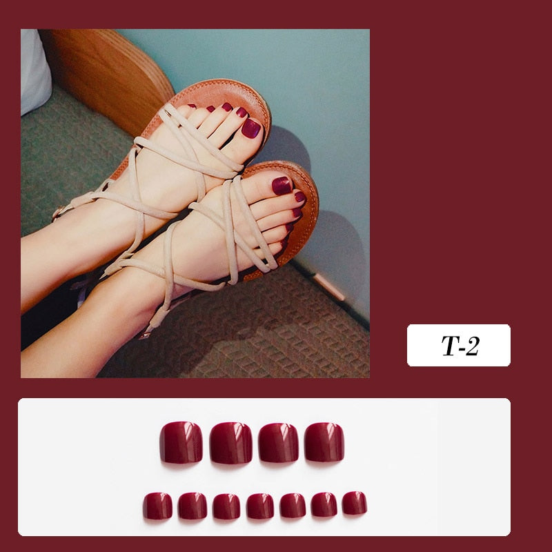 False Toe Nails Summer Simple Wearing Fake Nails Set Press On Art Pattern Removable Nail Stickers 24 Pieces With Glue For Girls
