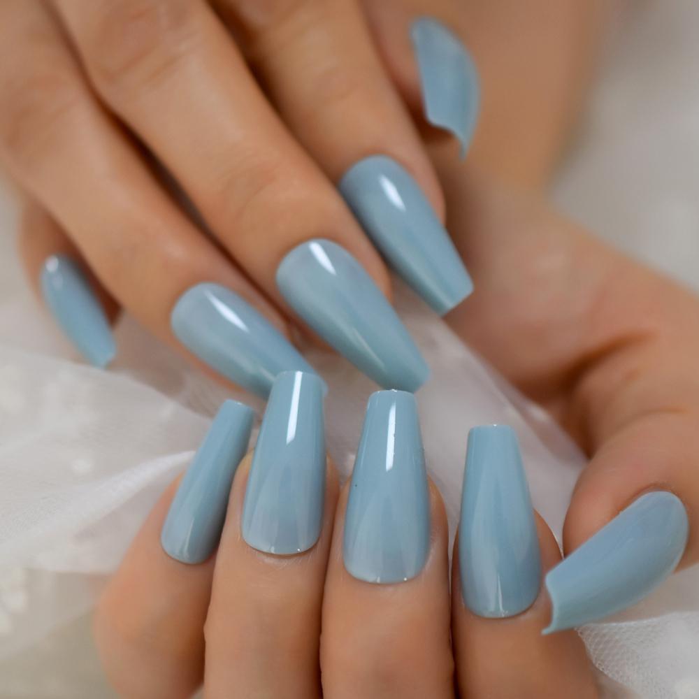 Light Blue Long Acrylic Fake Nail Tips
