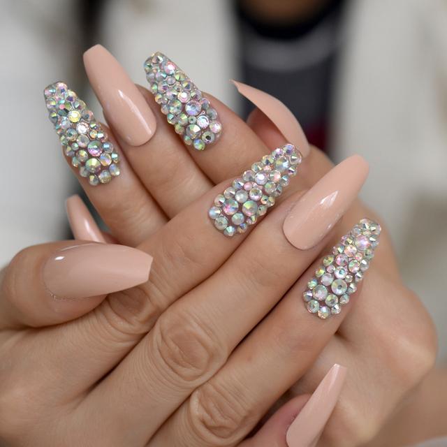 Long Nude Fake Nails With Sticker