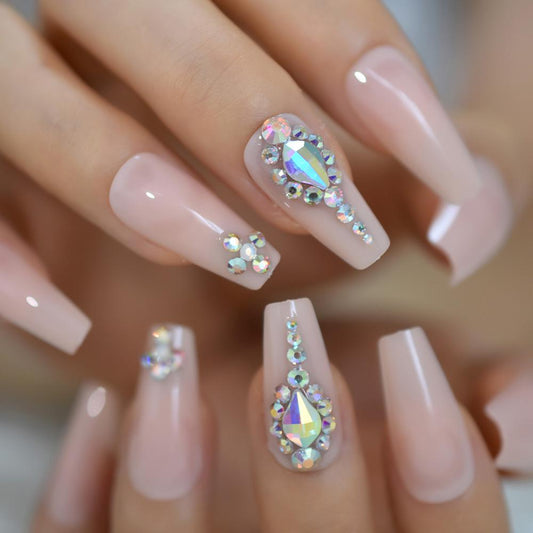 Long Nude Fake Nails With Sticker