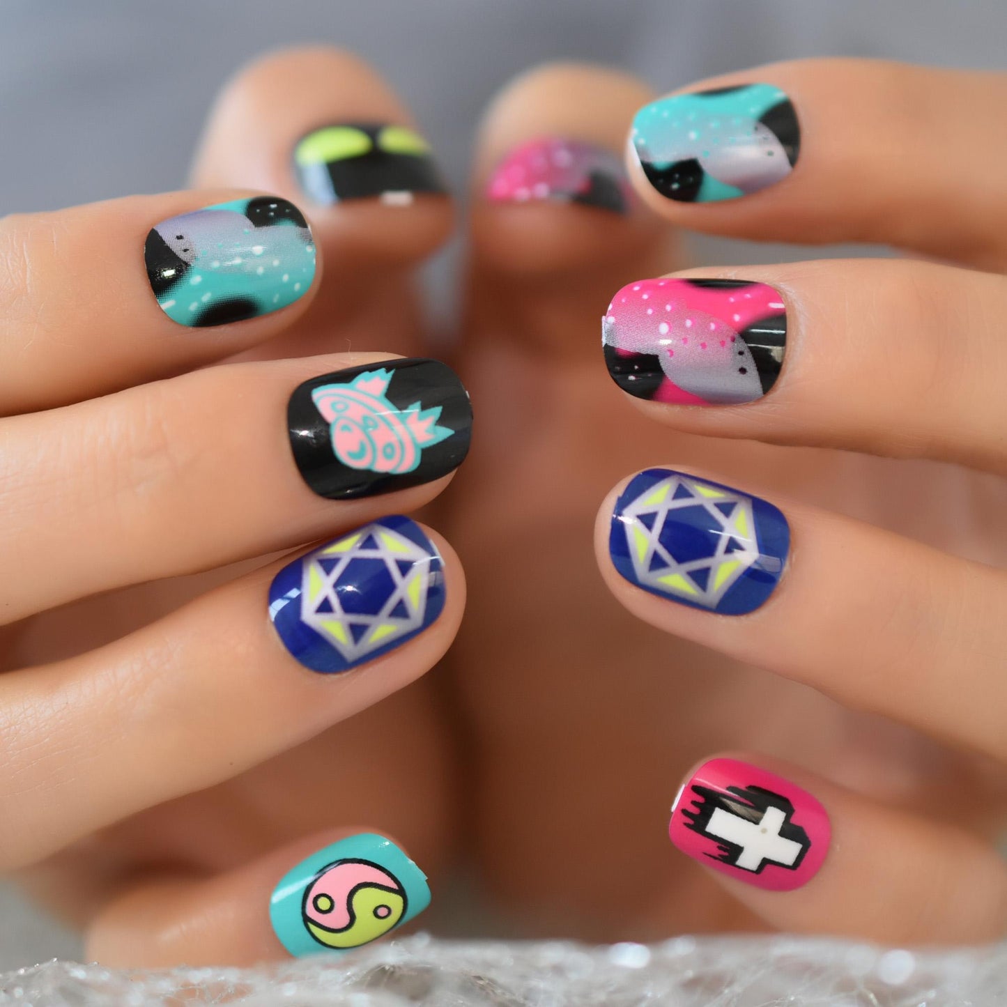 Colorful Fake Nail With Cartoons Pattern