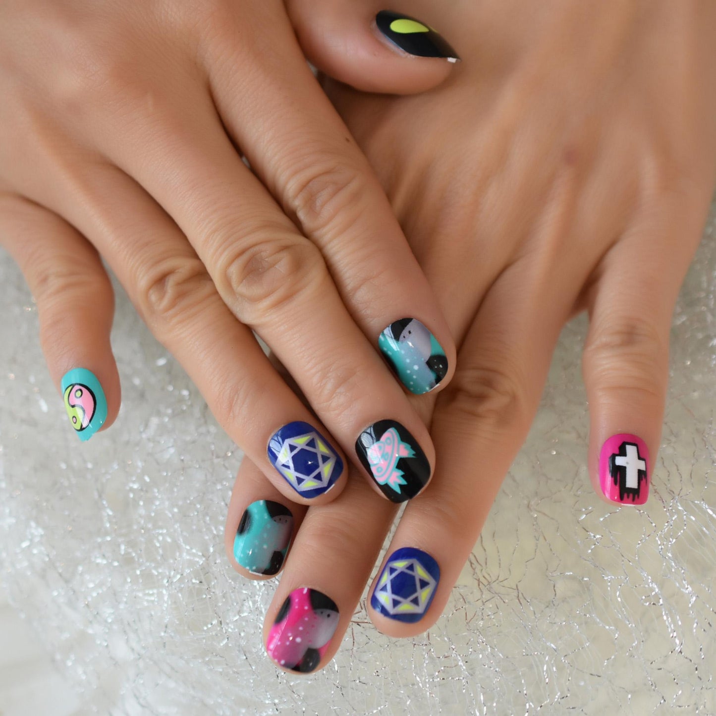 Colorful Fake Nail With Cartoons Pattern