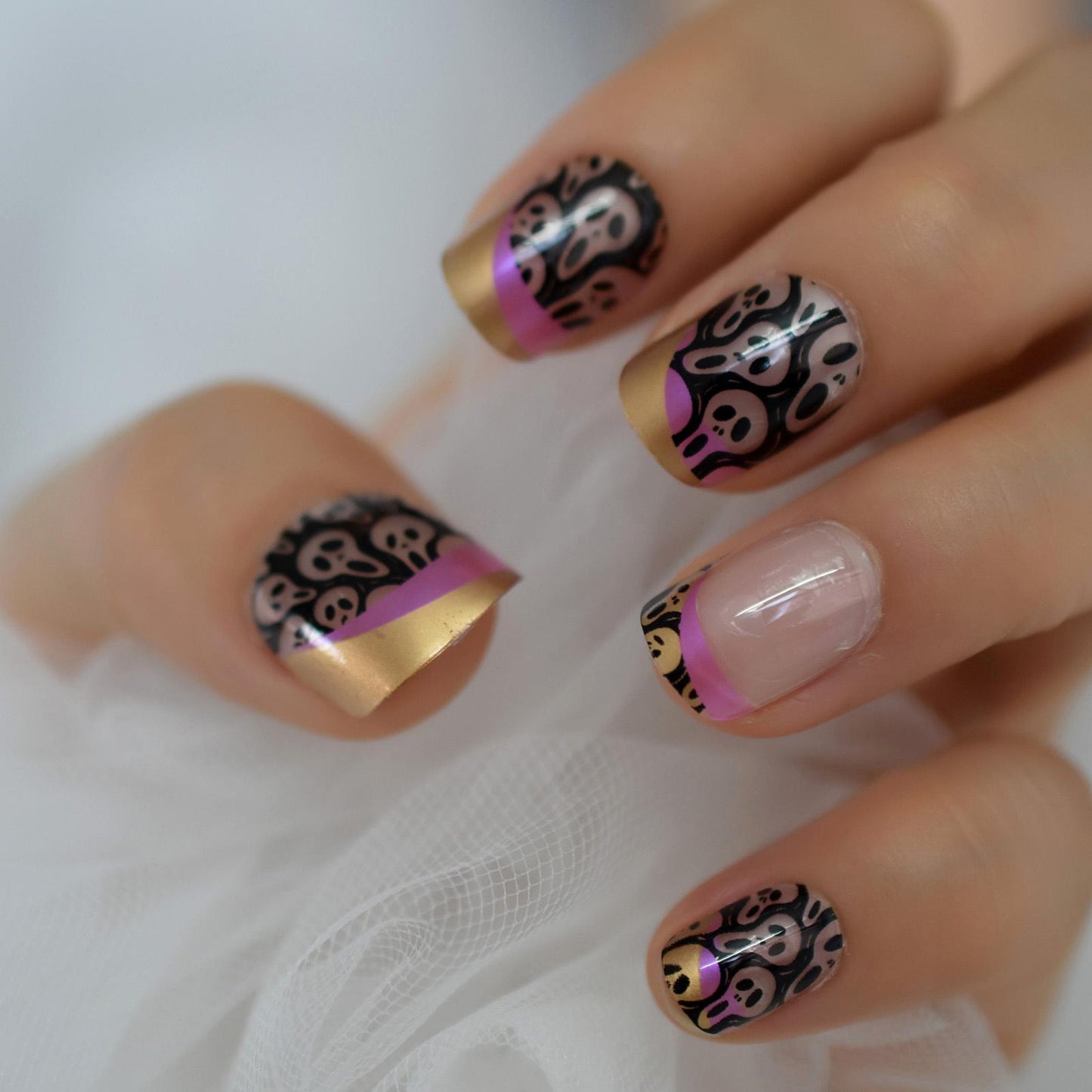 Nude Clear Nails With Skull Print