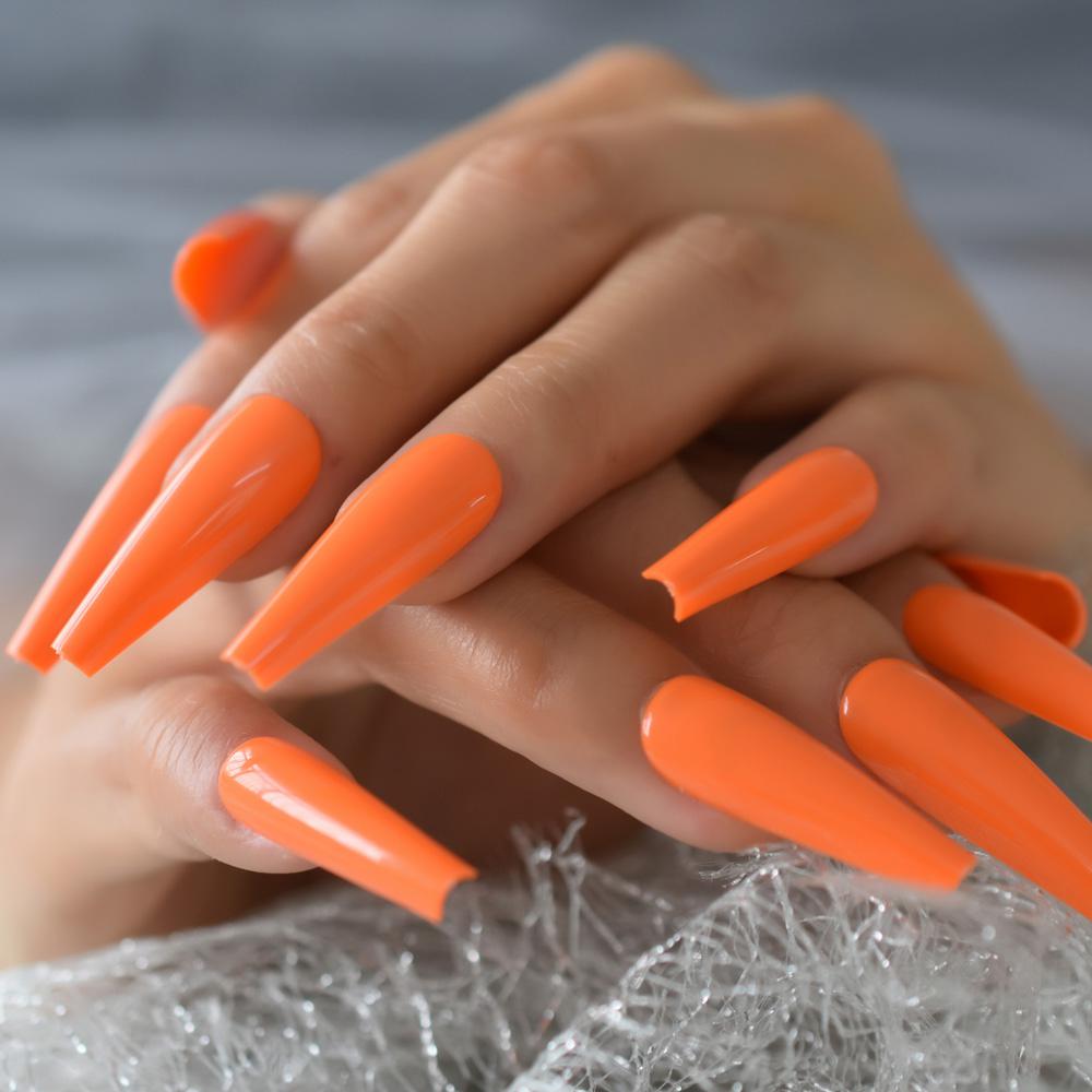 Long Orange Artificial Nail Tips