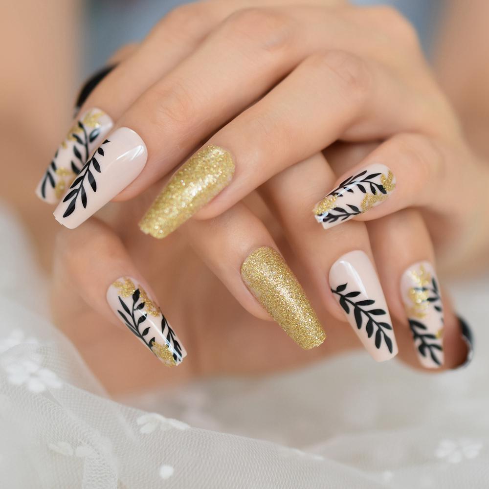 Pre-designed Leaves Acrylic Nails