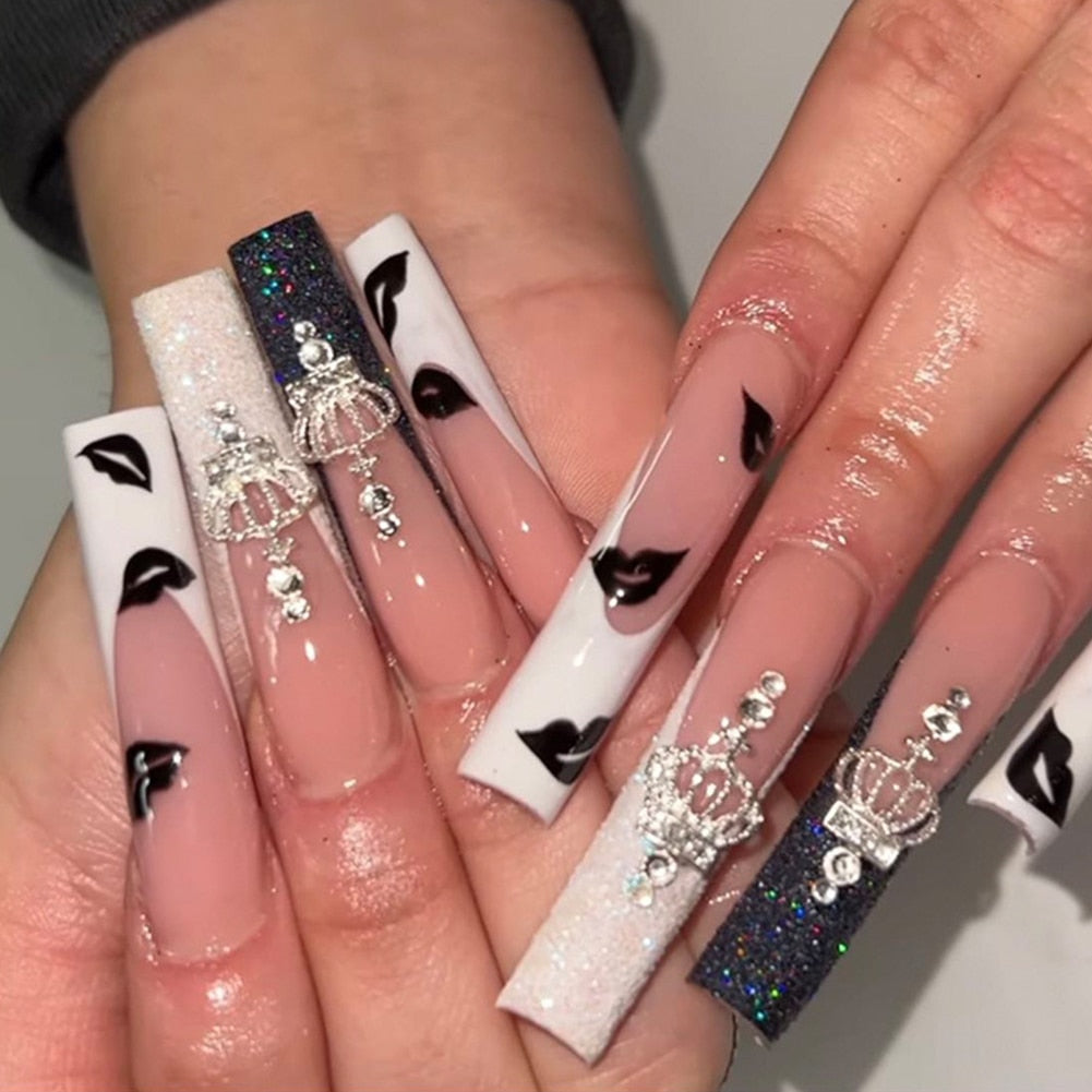 24pcs French Style False Nails With Glue Temperament 3D Saturn Designs Diamond Fake Nails Full Cover Press On Long Coffin Nails