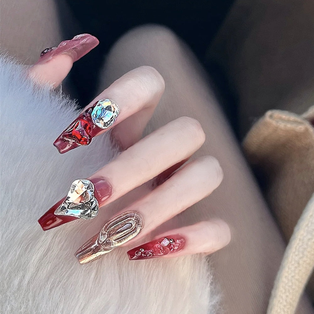 24pcs French Style False Nails With Glue Temperament 3D Saturn Designs Diamond Fake Nails Full Cover Press On Long Coffin Nails